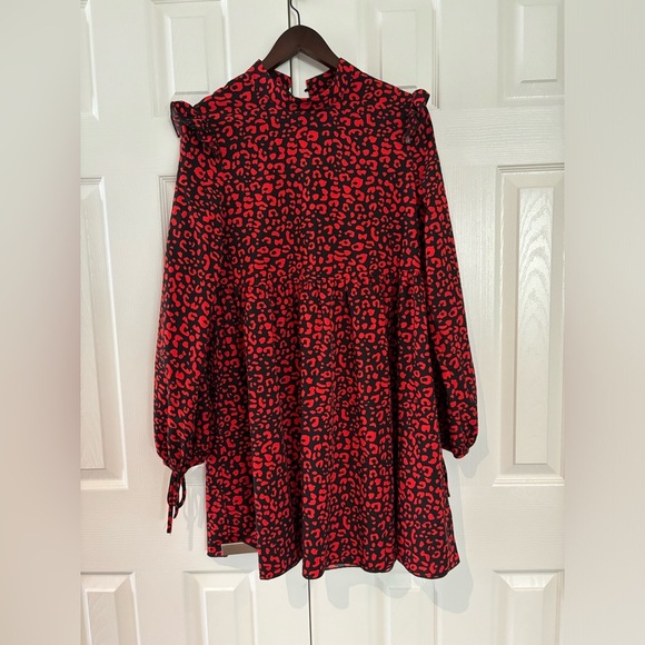 MakeMeChic Women's Leopard Print Mock Neck Long Sleeve Ruffle A Line Mini Dress - Picture 7 of 7